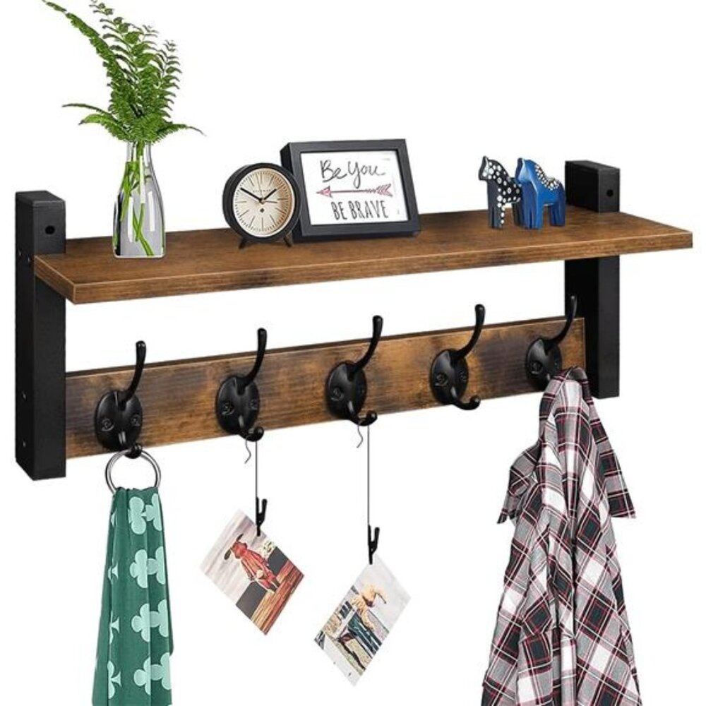 Homode Wall-Mounted Wood Wall Hooks with Shelf, 5 Metal Hooks Rustic Brown